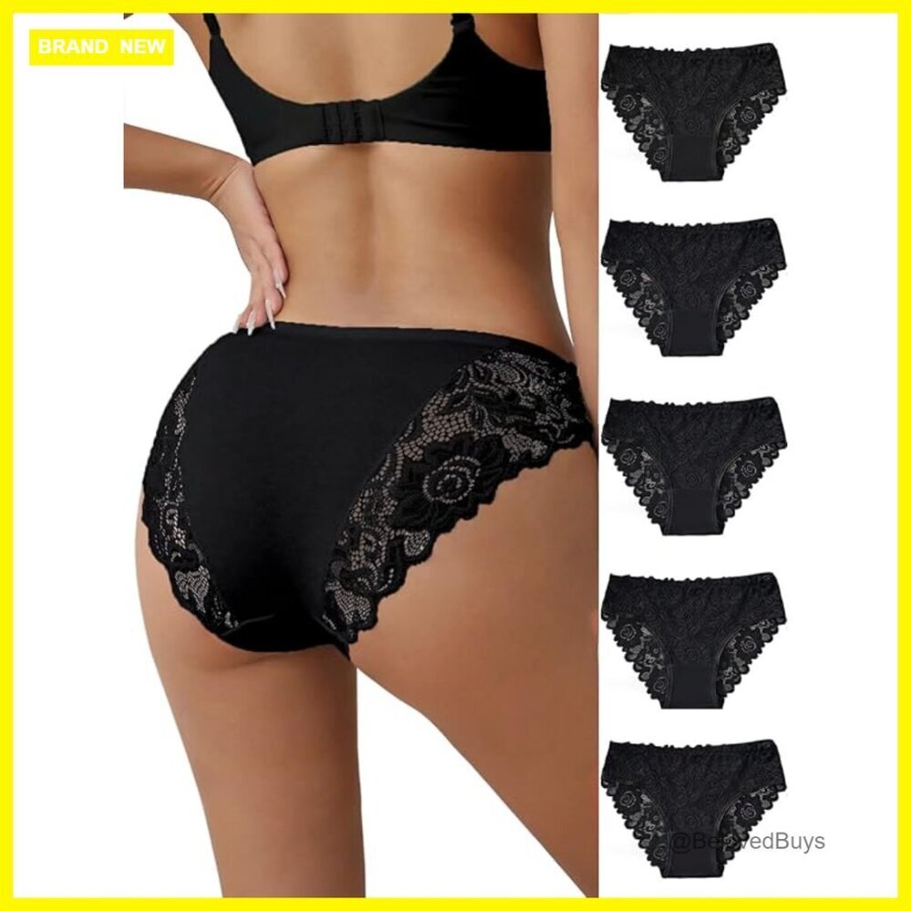 Mid-Rise Lace Cotton Panties 5-Pack, Soft Breathable Bikini Hipster Briefs